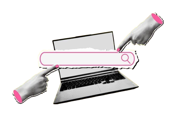 Laptop and hands pointing at a search bar